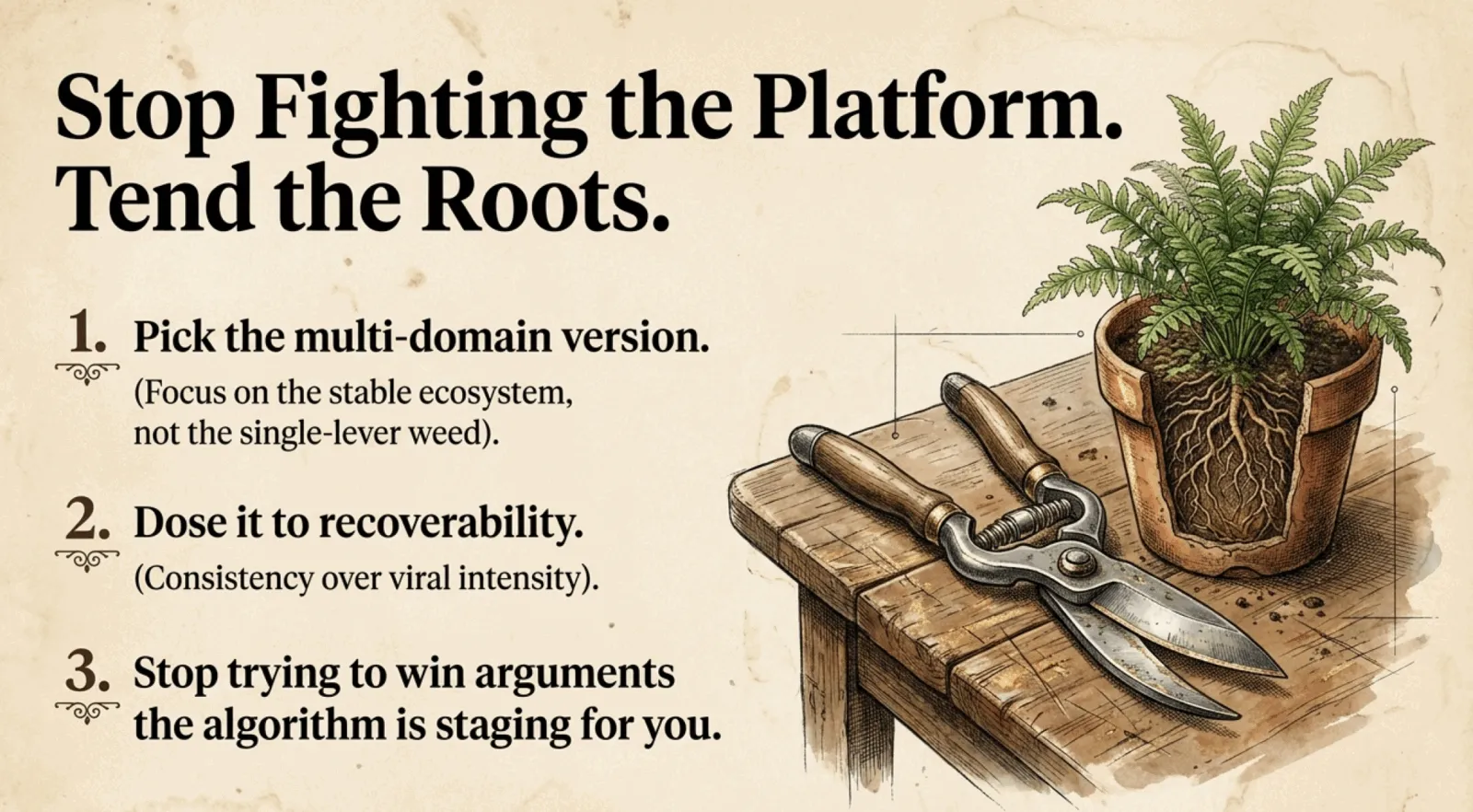 Vintage botanical illustration of garden shears resting on a wooden workbench next to a small potted fern, titled 'Stop Fighting the Platform. Tend the Roots.' with three numbered principles: pick the multi-domain version, dose it to recoverability, and stop trying to win arguments the algorithm is staging for you.