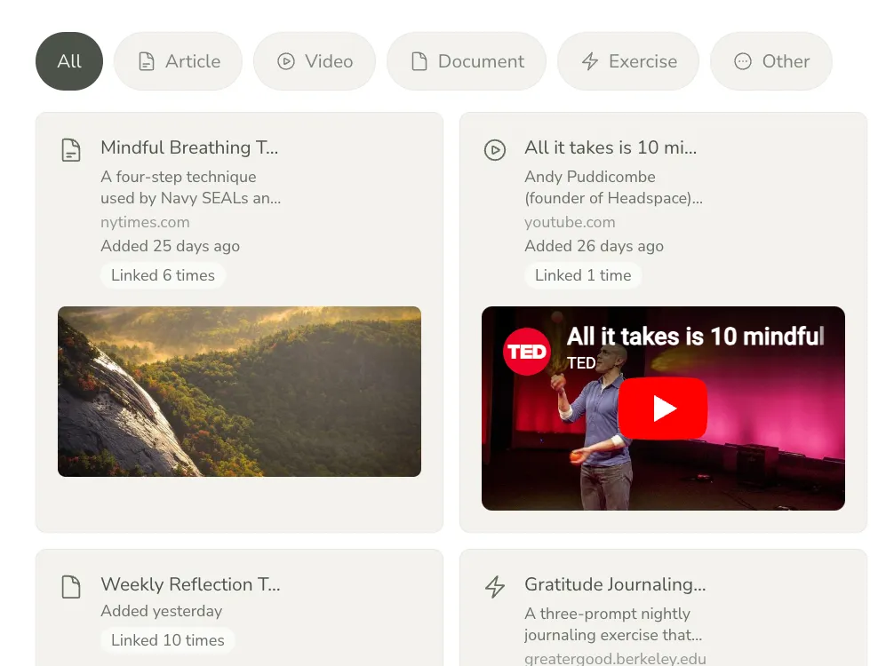 Resource library view: four cards under filter pills. Two articles with rich link previews (OG image + description + domain), a Loom-style video card with an embedded TED talk thumbnail, and a plain document card with no preview. Each card shows added-date and link-count metadata.