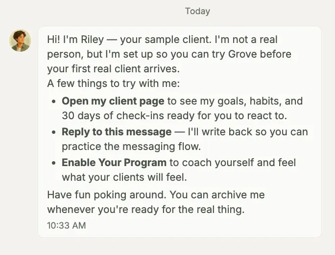 Riley's welcome message in the messages drawer: a friendly note from Riley explaining she's the sample client, with three suggested actions for the coach to try