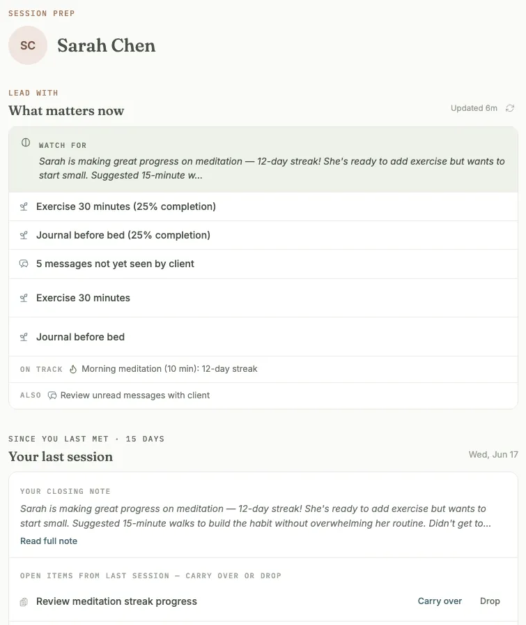Session prep: coach view of what matters now for a client, with talking points assembled from their check-ins