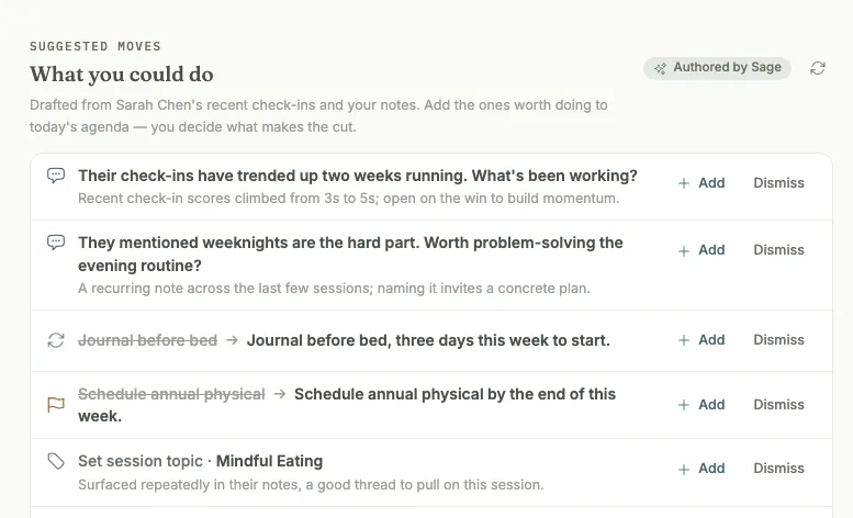 Suggested moves drafted by Sage: conversation starters, reframes, a session topic, and resources to share