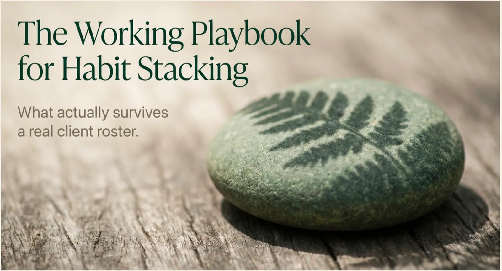 A smooth green river stone with a single fern leaf imprint resting on weathered wood. Headline reads 'The Working Playbook for Habit Stacking. What actually survives a real client roster.'