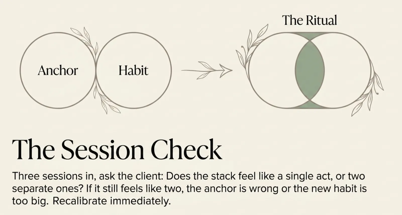 A diagram titled "The Session Check." Two overlapping circles labeled "Anchor" and "Habit" sit on the left. An arrow points right to a single fused shape labeled "The Ritual," surrounded by a soft leafy border. Footer: "Three sessions in, ask the client: does the stack feel like a single act, or two separate ones? If it still feels like two, the anchor is wrong or the new habit is too big. Recalibrate immediately."