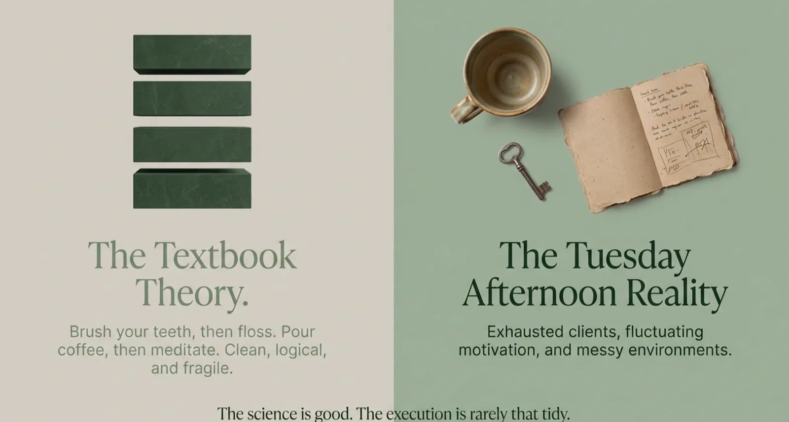 A two-panel diagram. Left panel, "The Textbook Theory," shows four neat green rectangles stacked vertically with the caption "Brush your teeth, then floss. Pour coffee, then meditate. Clean, logical, and fragile." Right panel, "The Tuesday Afternoon Reality," shows a coffee cup, an old key, and a battered notebook with scribbled notes, caption "Exhausted clients, fluctuating motivation, and messy environments." Footer: "The science is good. The execution is rarely that tidy."
