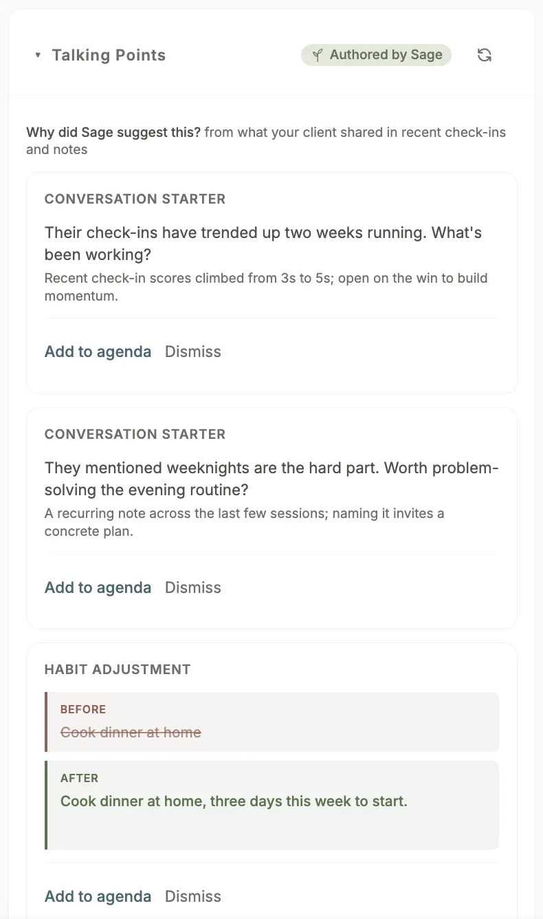 Talking Points in the session prep view