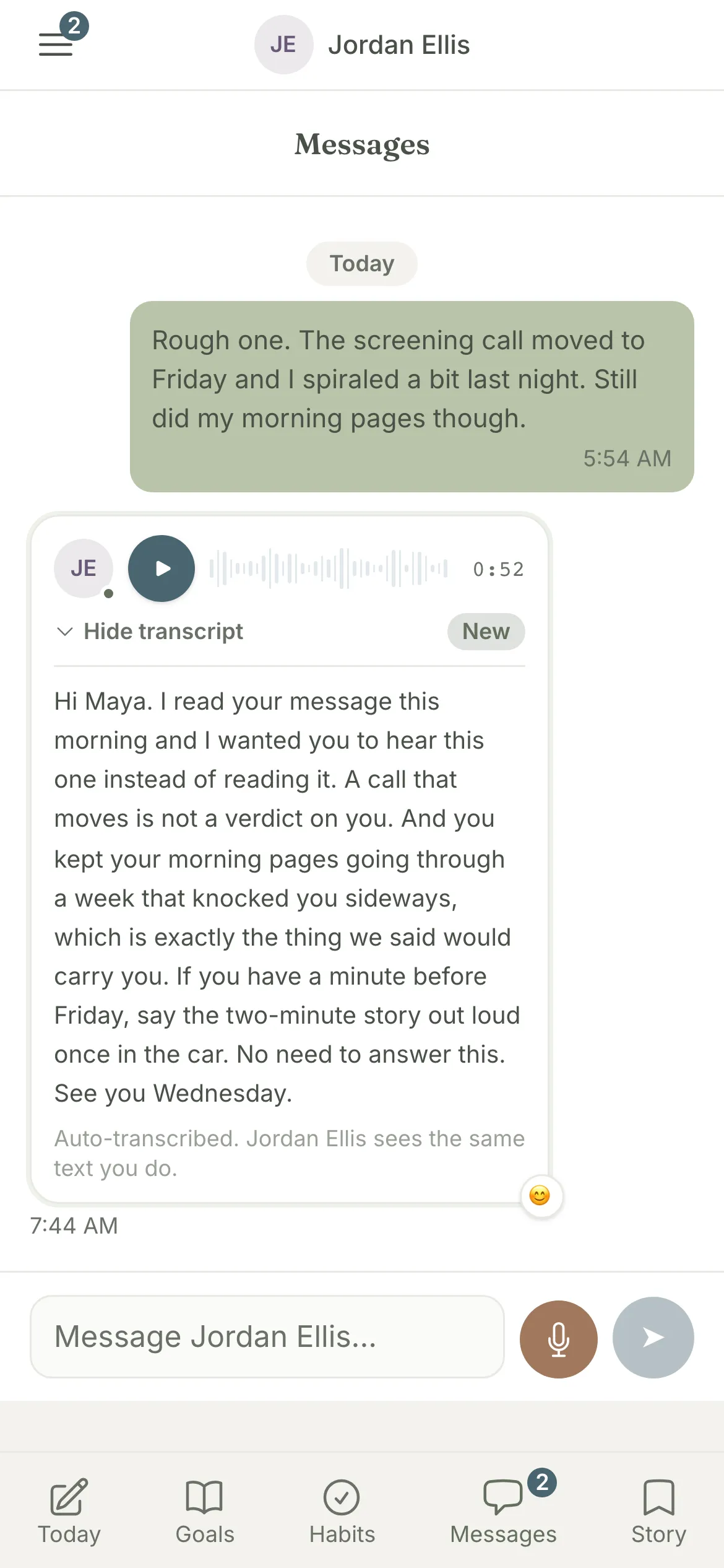 The same conversation on the client's phone: the coach's voice memo, marked new, with its transcript open and a microphone button beside the message box for a voice reply.