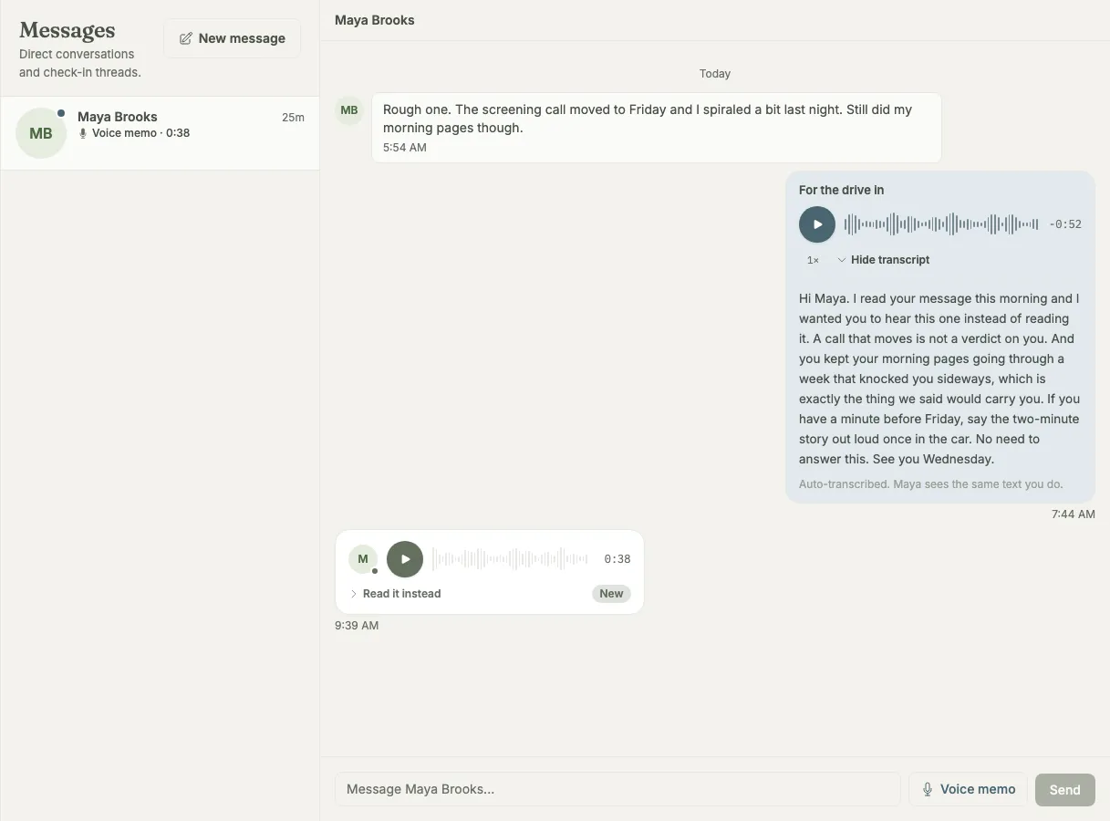 A coach's message thread with a voice memo, its transcript open beneath the player, and a voice reply from the client marked as new