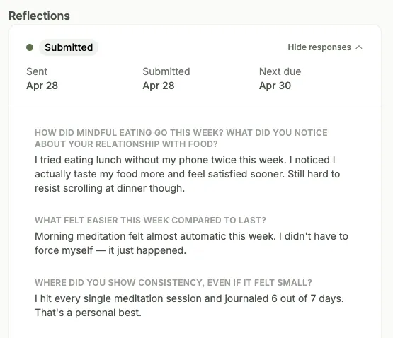 A submitted Weekly Reflection card expanded in session prep, showing three answered questions with the sent, submitted, and next-due dates above them