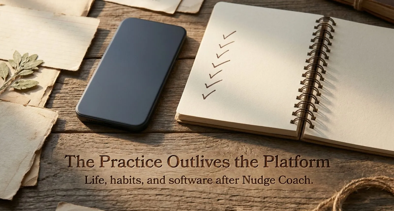 A photographic still-life of a dark phone lying beside an open spiral notebook of handwritten checkmarks on weathered wood, under the title "The Practice Outlives the Platform" and the line "Life, habits, and software after Nudge Coach."