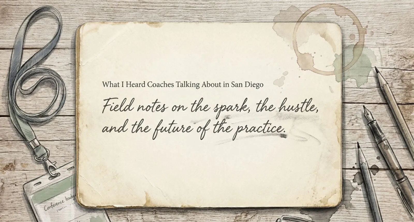 A sketched conference notebook on weathered wood with a lanyard, pens, and a coffee ring, titled 'What I Heard Coaches Talking About in San Diego: field notes on the spark, the hustle, and the future of the practice.'