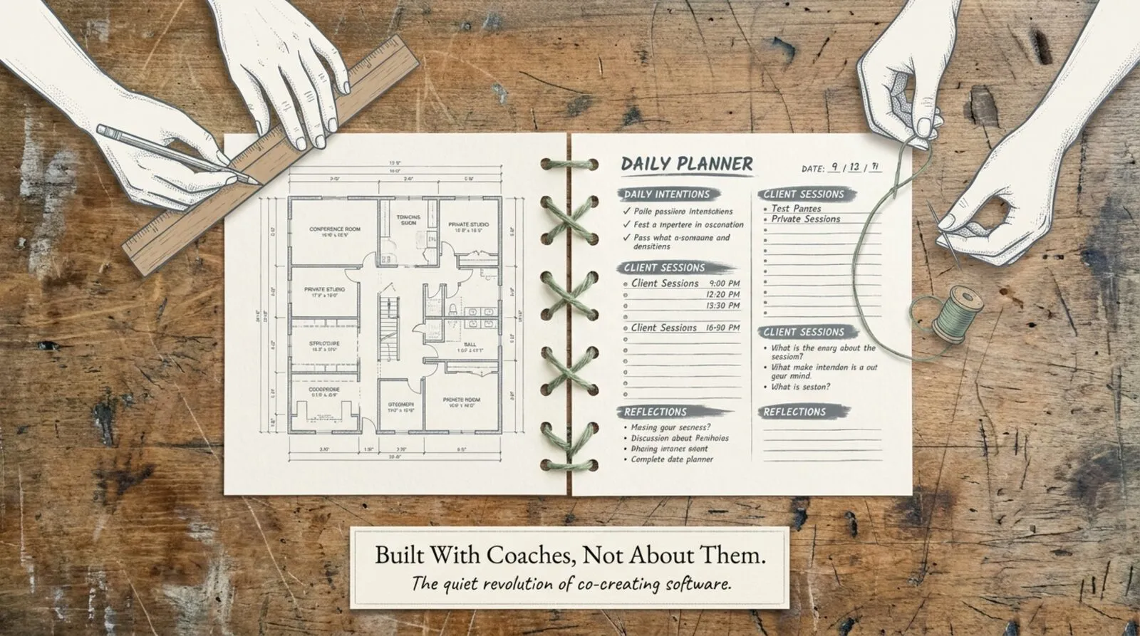 Two pairs of drawn hands work over a weathered wood table. On the left, hands hold a ruler and pencil across an architectural floor plan. On the right, hands stitch green thread through the binding that joins the plan to a handwritten daily planner page. Title: 'Built With Coaches, Not About Them.'