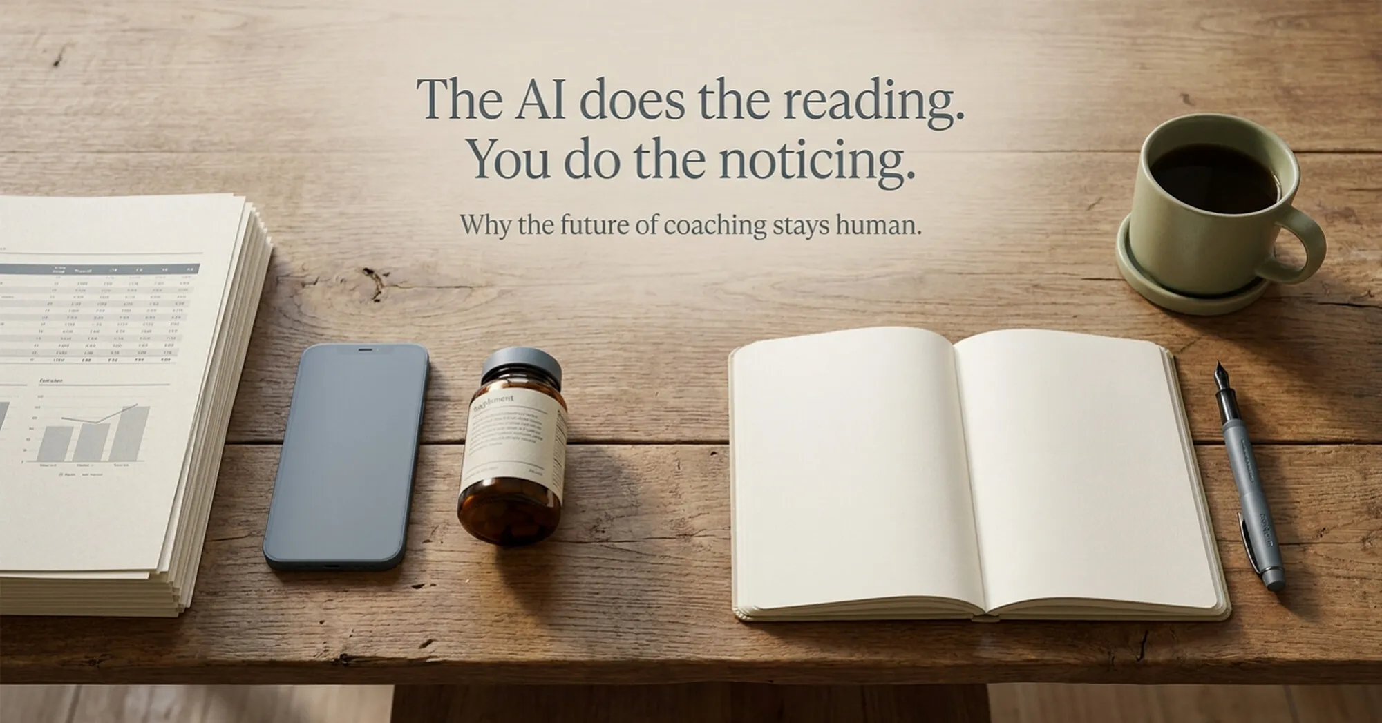 A weathered-wood desk shot from above, split in two moods: on the left a stack of printed charts, a phone, and a supplement bottle; on the right an open blank notebook, a warm mug, and a fountain pen. The baked title reads 'The AI does the reading. You do the noticing. Why the future of coaching stays human.'